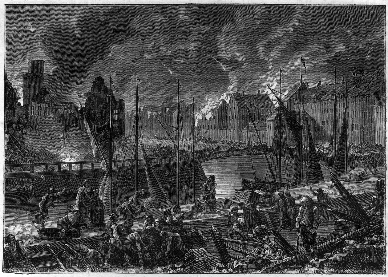 De Tweede Slag om Kopenhagen (of het Bombardement van Kopenhagen) (16 augustus-5 september 1807) Britse bombardement van Kopenhagen om de Deens-Noorse vloot te veroveren, tijdens de Napoleontische Oorlogen - Engelse Oorlogen - De Slag om Kopenhagen van 180 door French School