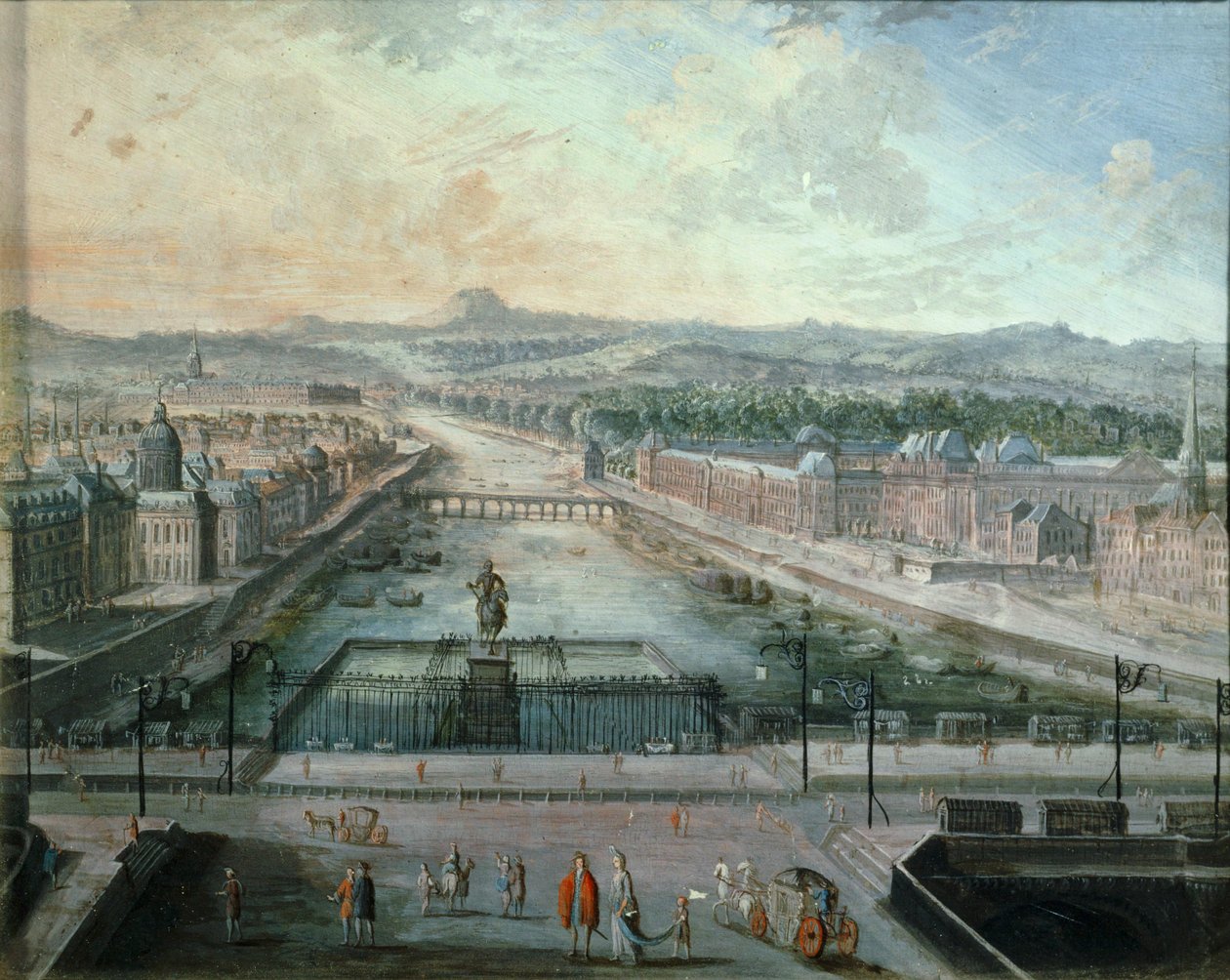 De rivier de Seine gezien vanaf de Place Dauphine ... (schilderij op doek) door French School