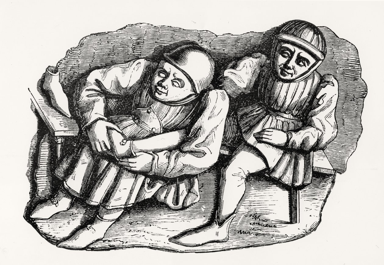 De schoenmaker en zijn klant, gekopieerd van een van de Misericordia-stoelen in het koor van de kathedraal van Rouen, illustratie uit Wetenschap en Literatuur in de Middeleeuwen en de Renaissance door French School