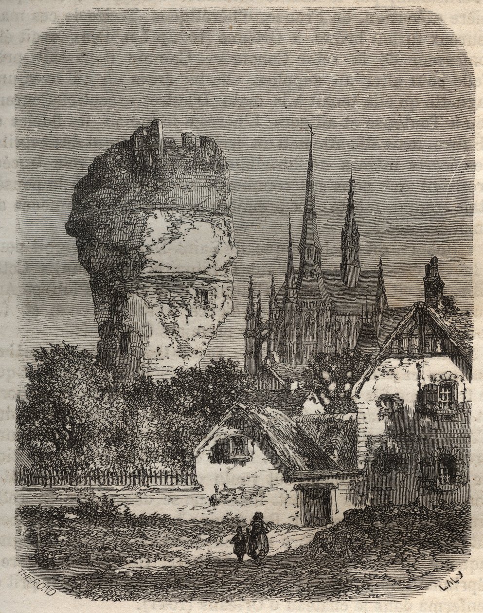 De schouder van Gallardon - feodale toren, daterend uit de 12e eeuw - gravure in 