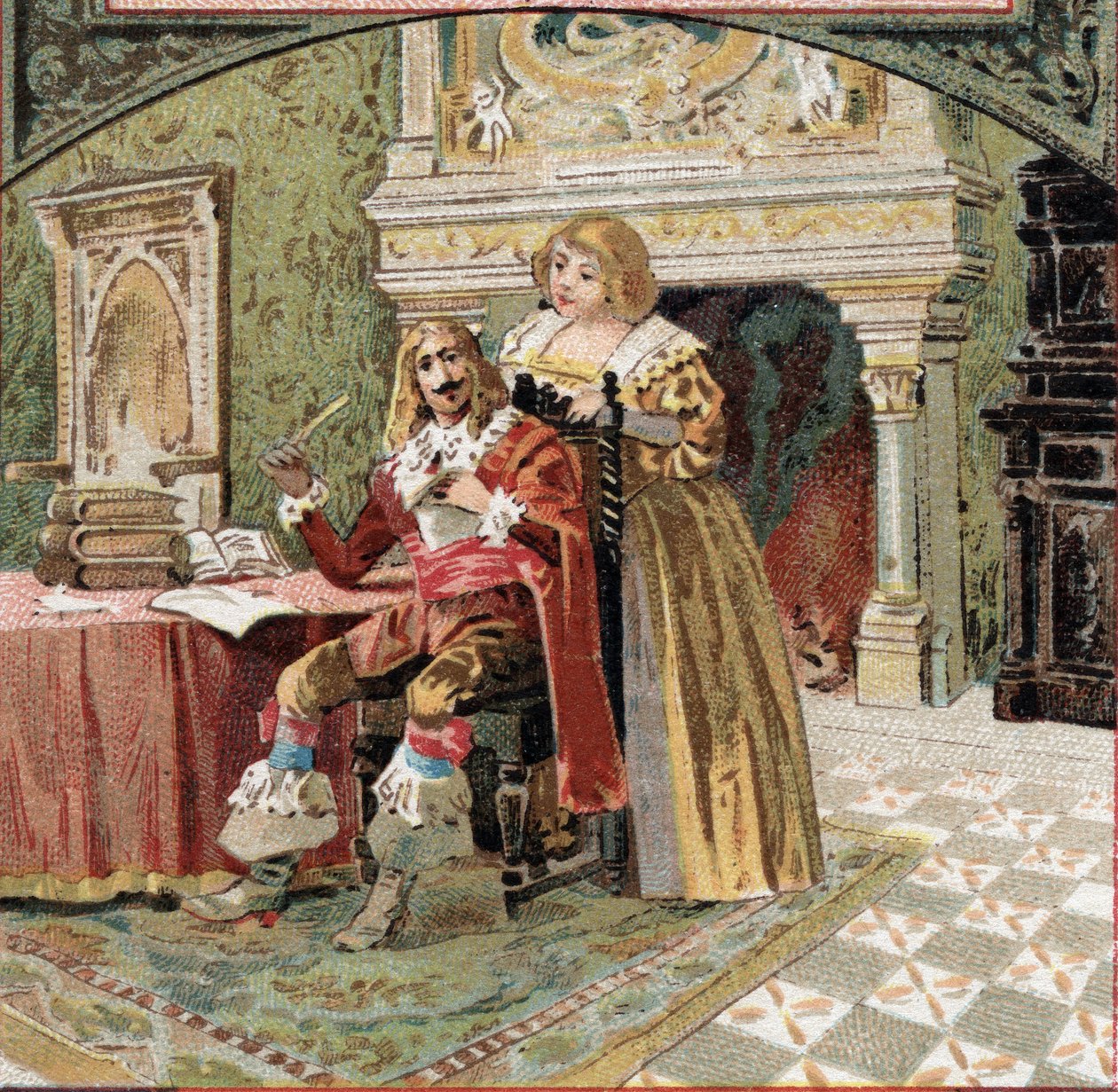 De heer van Beringhen en Madame du Fargis samenzweren tegen Richelieu (Armand Jean du Plessis, kardinaal van Richelieu (1585-1642), minister van Lodewijk XIII, in het kasteel van Azay-le-Rideau (Azay le Rideau) (Indre-et-Loire). Chromolithografie uit het e door French School