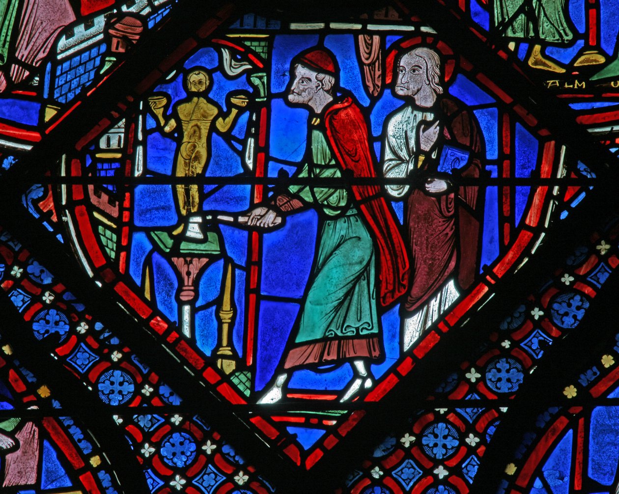 Het St. Jacobus raam: Almogenes (Hermogines) vernietigt het afgodsbeeld door French School