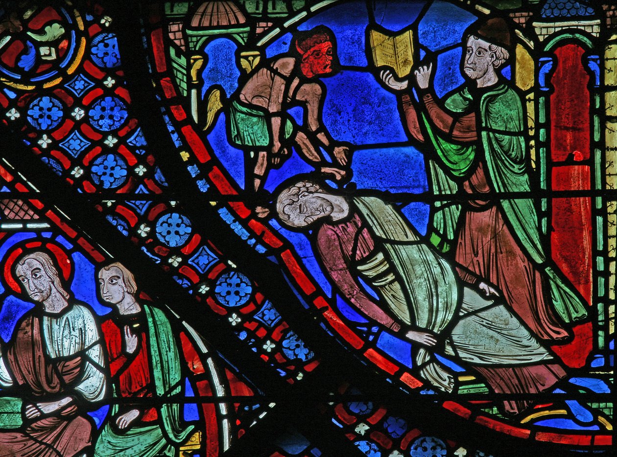 Het St. Jacobus raam: Filetus wordt gebonden door een toverspreuk van Almogenes (Hermoniges) door French School
