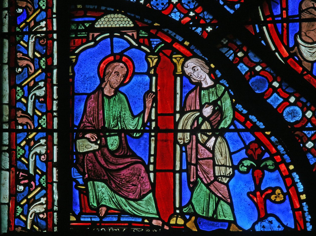 Het St. Jacobus raam: Jacobus stuurt zijn mantel om Filetus te genezen door French School