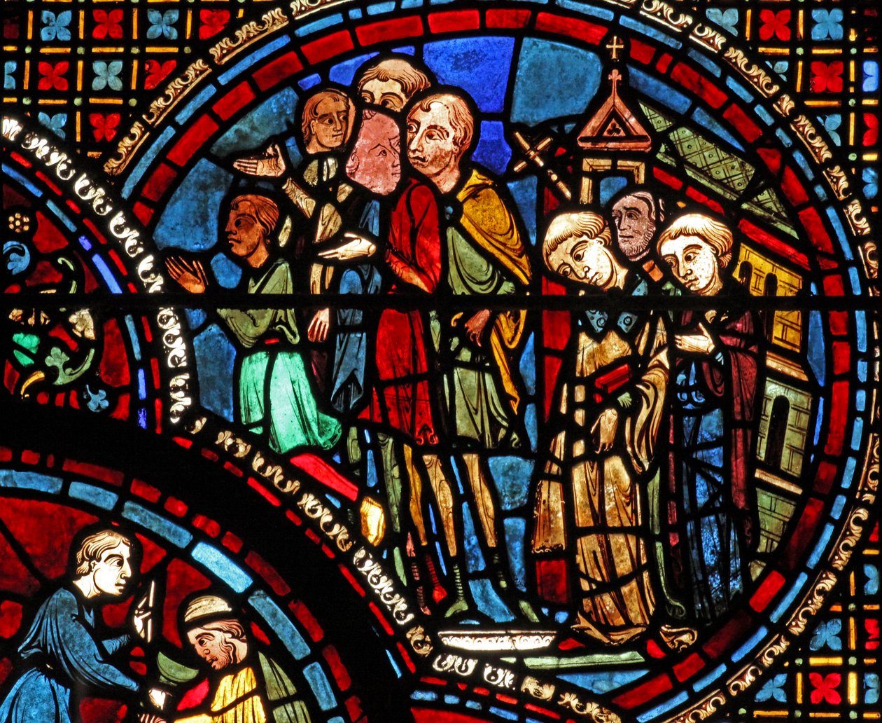 Het raam van Sint-Lubin: een processie verlaat een kerk door French School