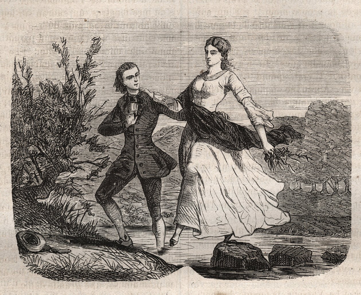 De Zwitserse filosoof Jean Jacques (Jean-Jacques) Rousseau (1712-1778) hielp Mademoiselle Galley een beek oversteken. Gravure uit 1871 in 