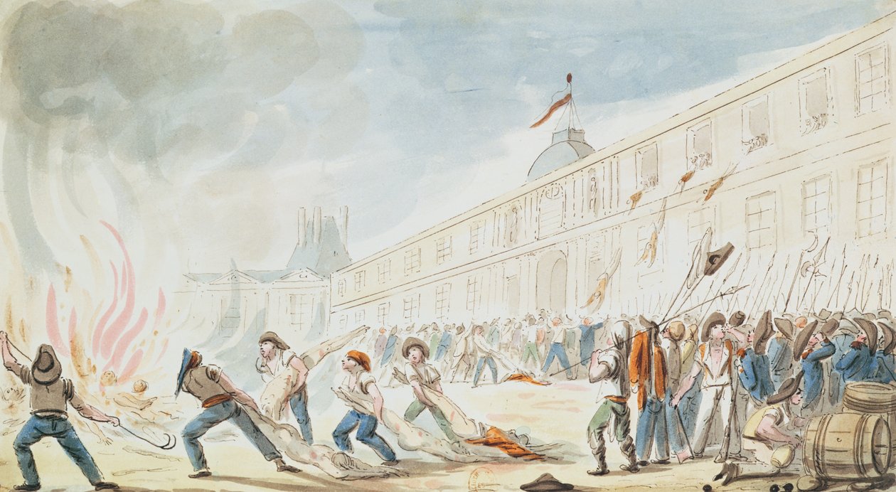 De Inname van de Tuilerieën, 10 augustus 1792 (kleurgravure) door French School