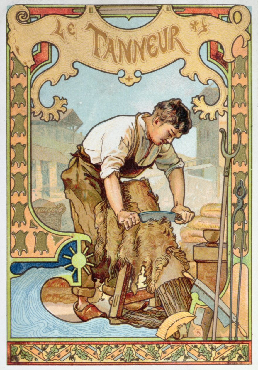 De leerlooier, illustratie uit een boek over ambachten, ca. 1899 door French School
