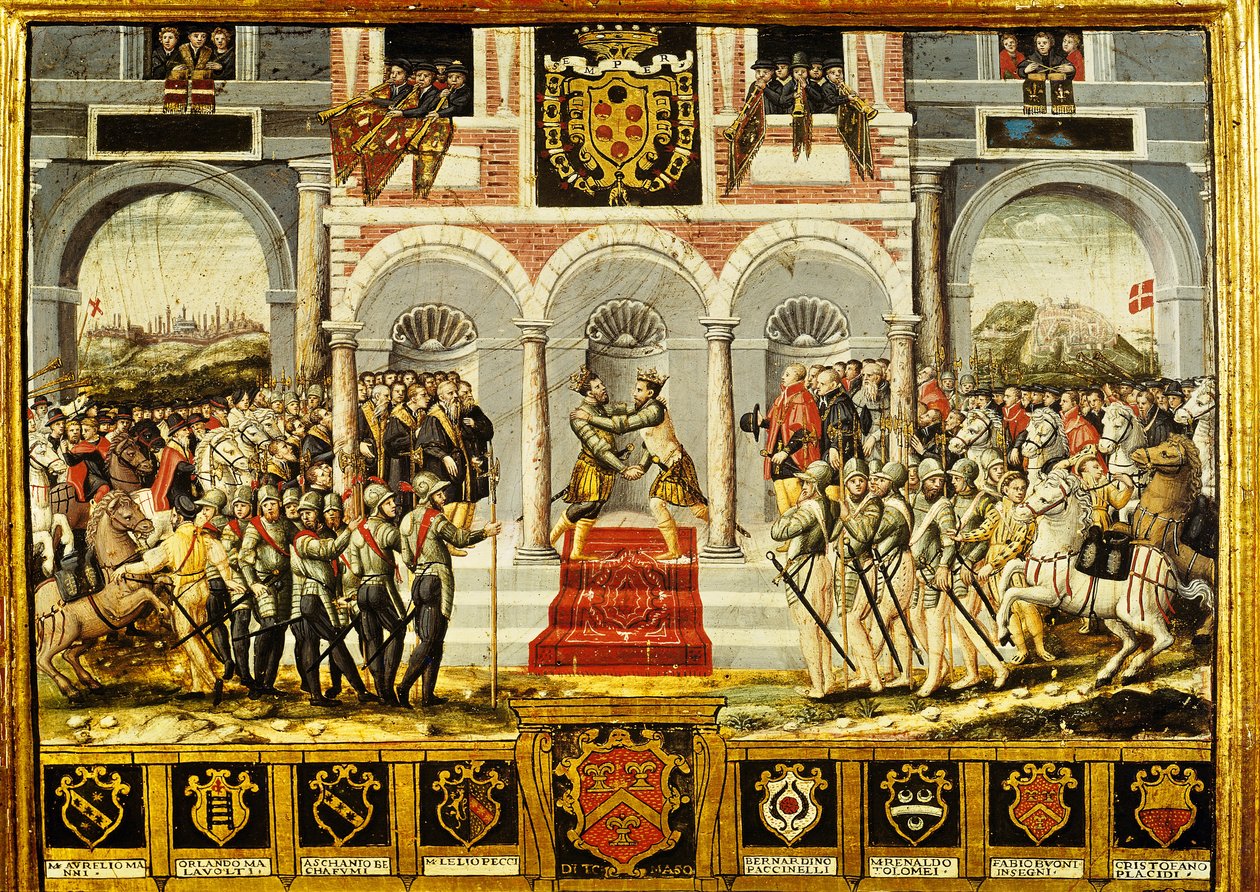 Het Verdrag van Cateau-Cambrésis en de Omhelzing van Hendrik II van Frankrijk en Filips II van Spanje, 2-3 april 1559 door French School