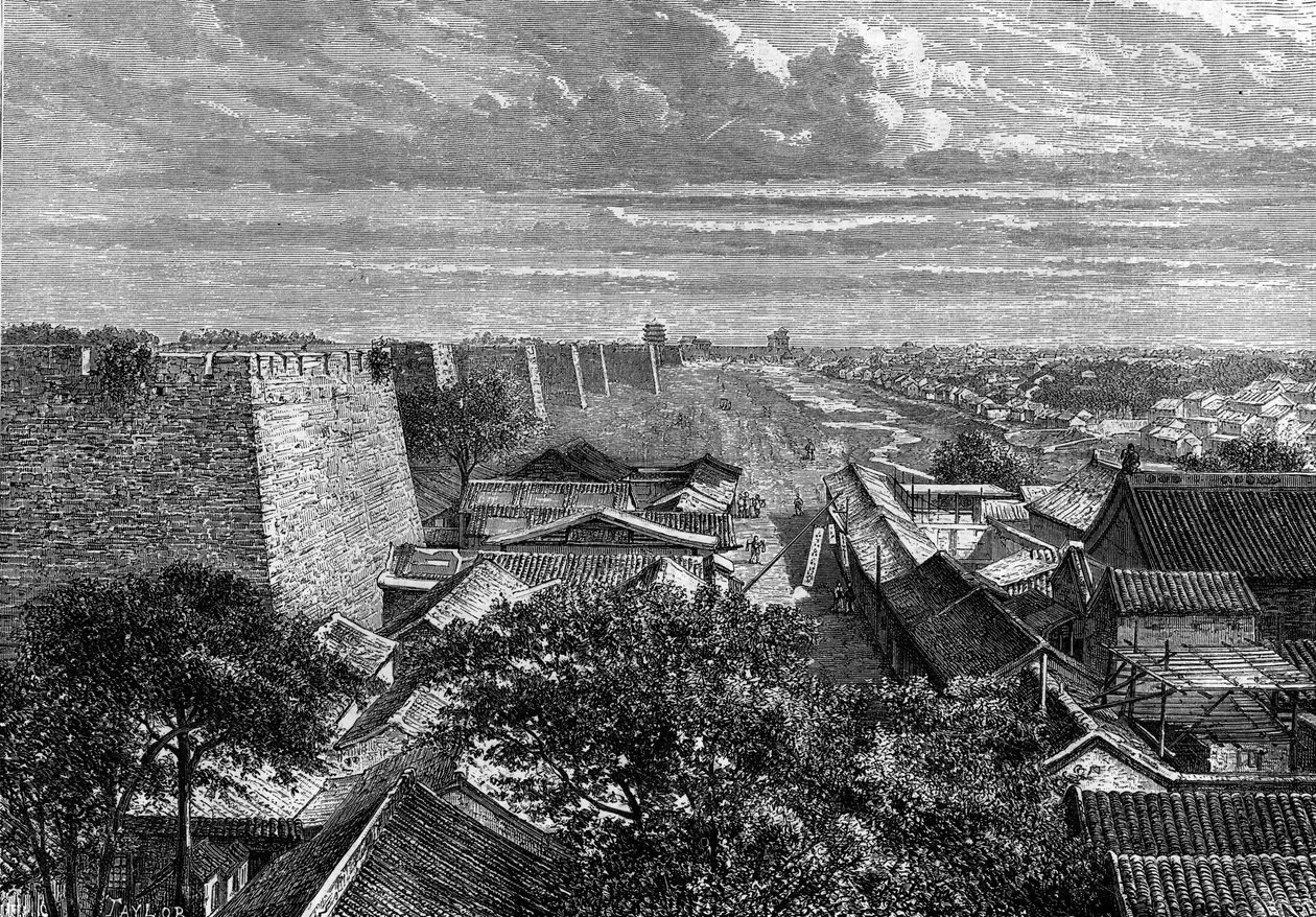 De muren van Peking, China. Gravure in 