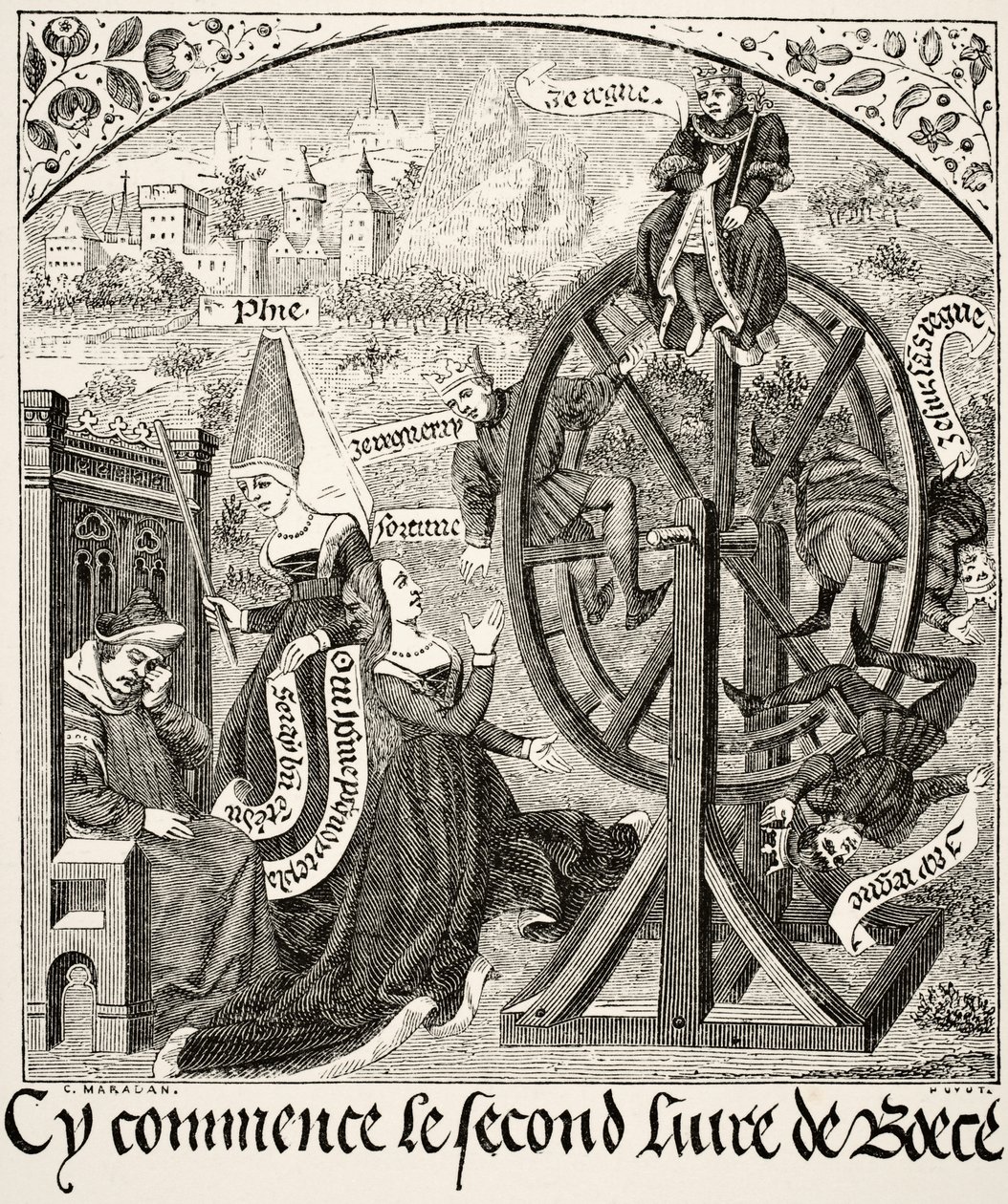 Het rad van fortuin, uit Wetenschap en Literatuur in de Middeleeuwen door Paul Lacroix, gepubliceerd in Londen 1878 door French School
