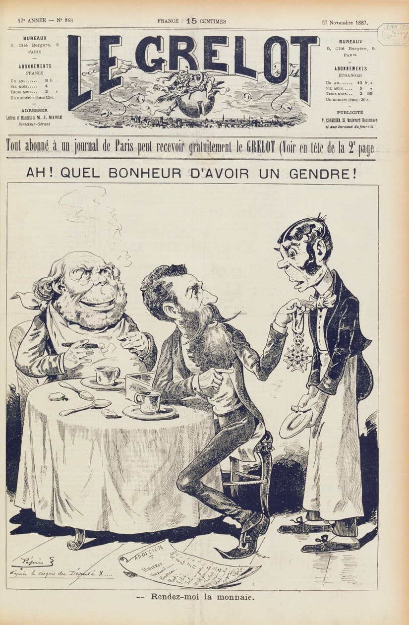 De Wilson-affaire, voorpagina van Le Grelot, 27 november 1887 door French School