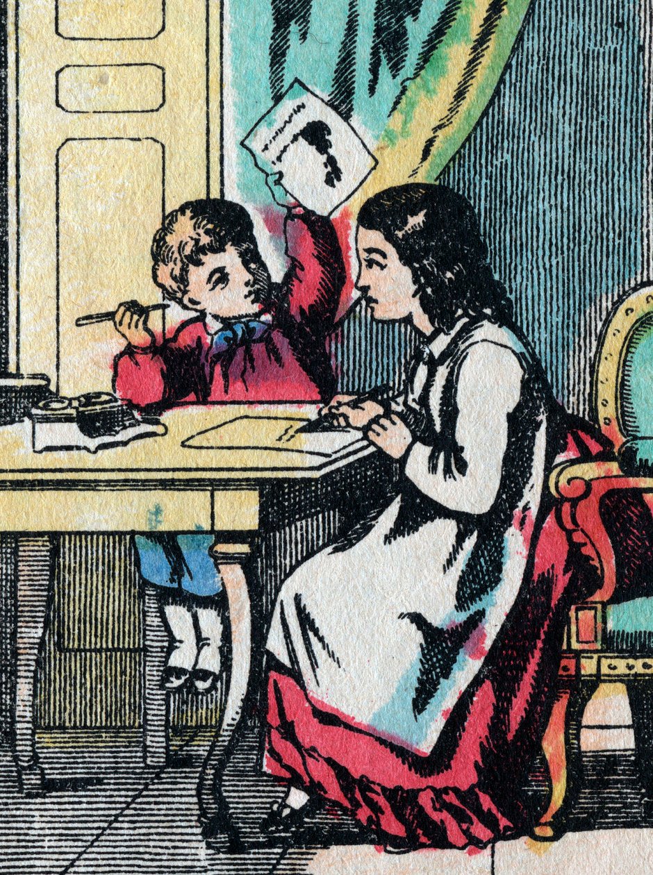 De activiteiten voor meisjes uit goede families: een kleine broer helpen met zijn huiswerk - Epinal afbeelding - 19e eeuw door French School