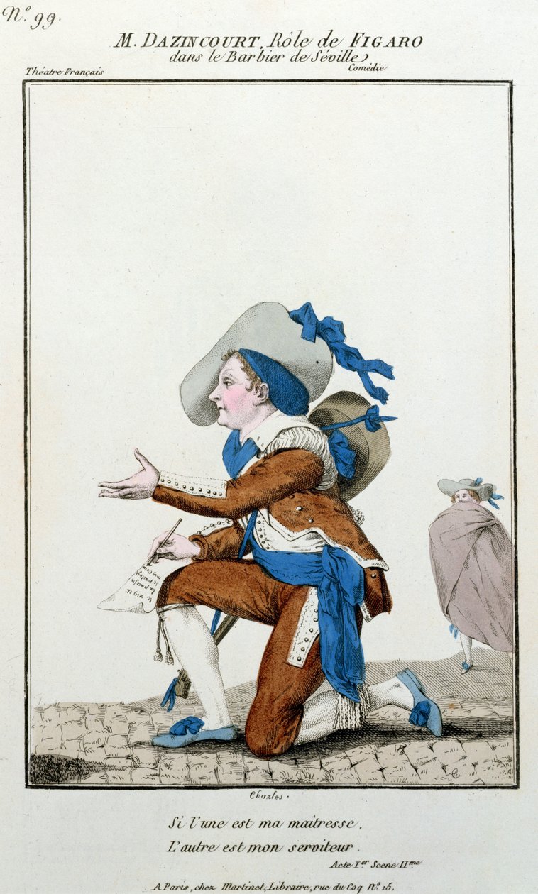 De acteur Dazincourt in het Theatre Francais in de rol van Figaro in De Barbier van Sevilla door Pierre Augustin Caron de Beaumarchais (1732-1799) door French School