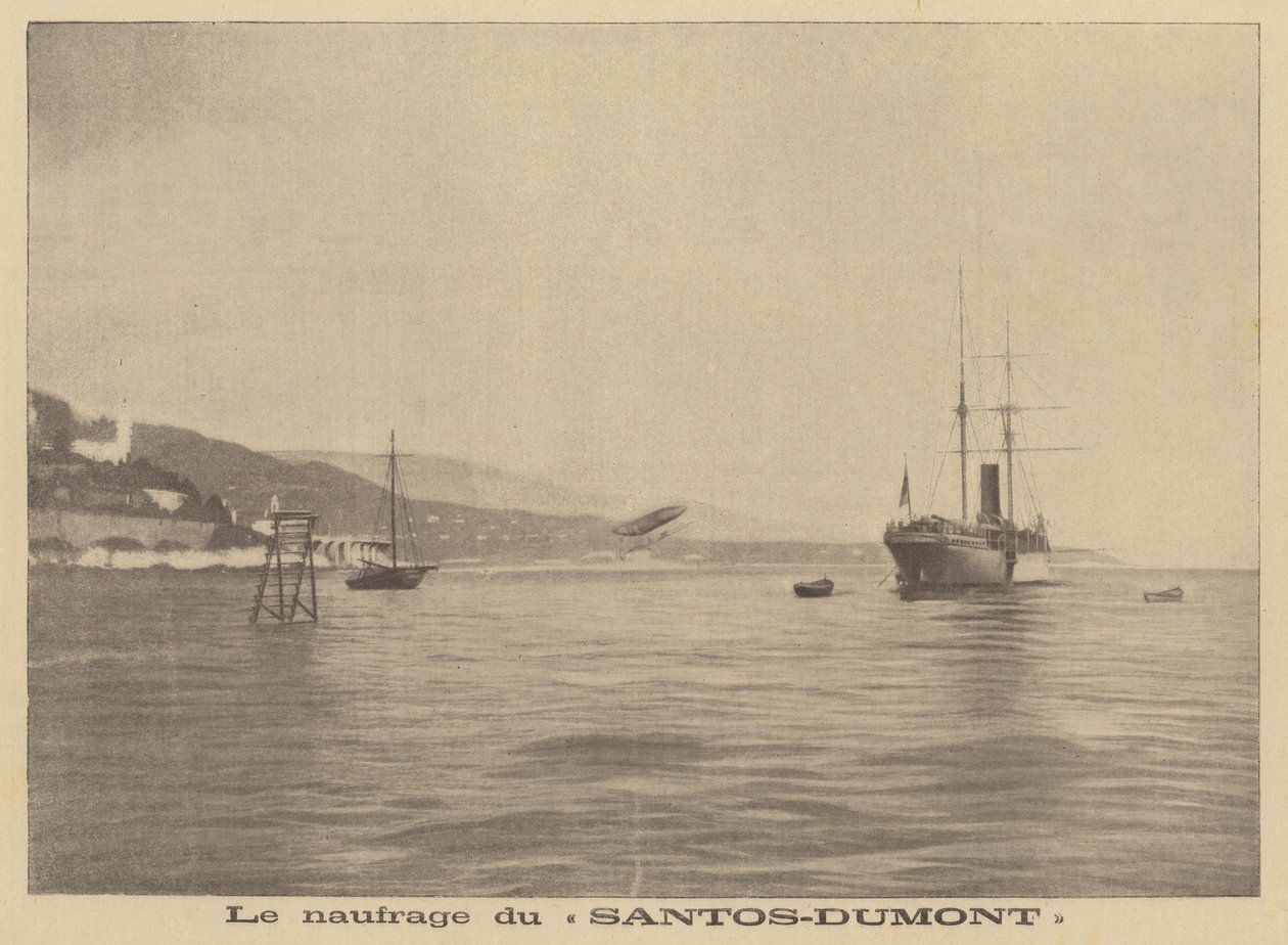Het luchtschip van Alberto Santos-Dumont stort neer in de Middellandse Zee (litho) door French School