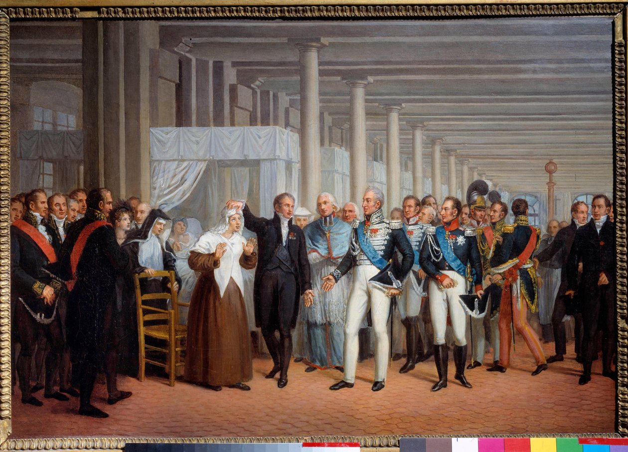 De anatoom en chirurg Baron Guillaume Dupuytren in het Hôtel-Dieu toont een geopereerd oog aan koning Karel X. Schilderij, Franse school. 19e eeuw. Parijs, Carnavalet Museum door French School