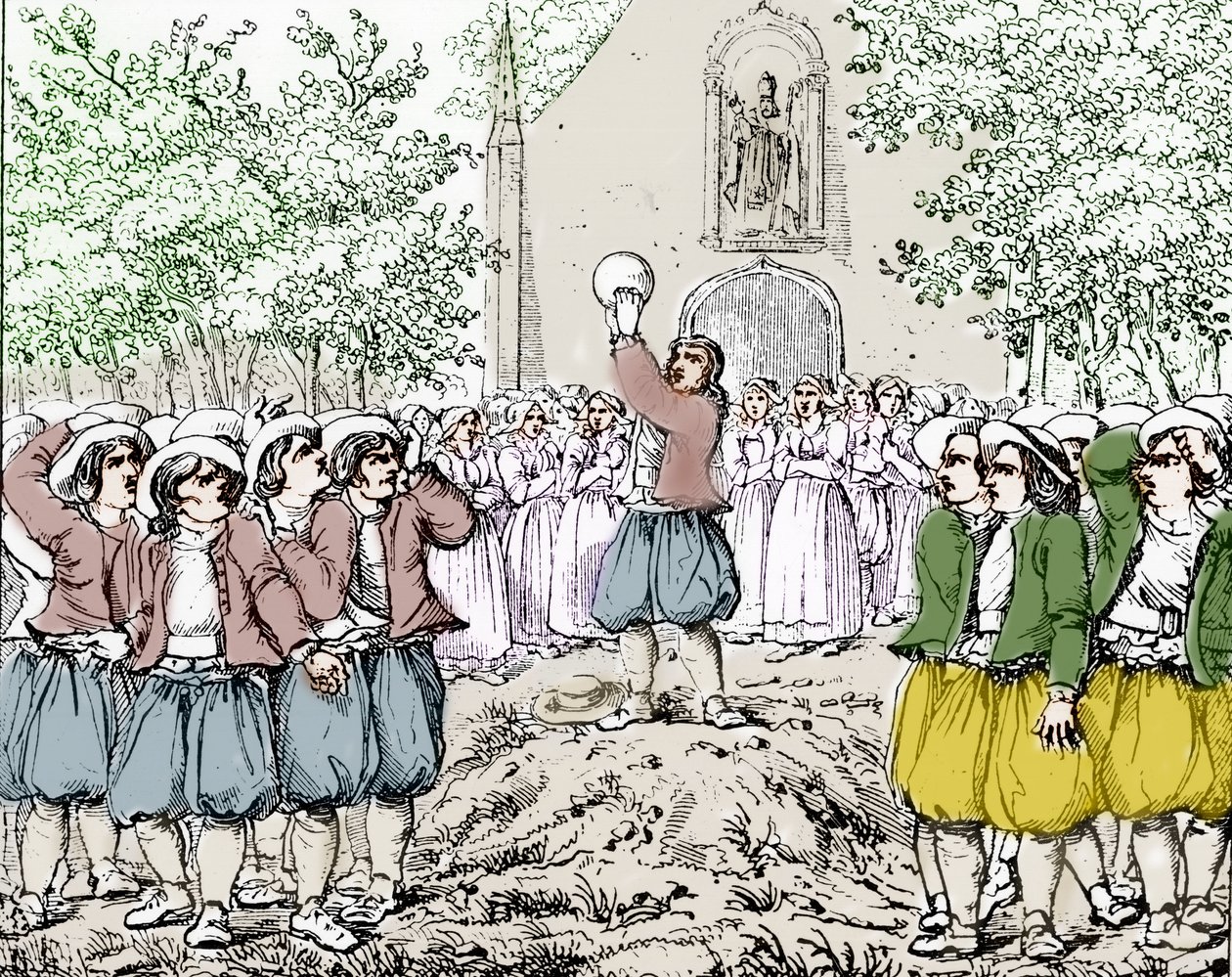 Het begin van een spel soule (voetbal) in Bretagne in het midden van de 19e eeuw. door French School