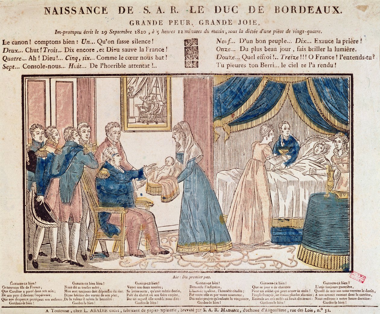 De geboorte van Henri Charles Ferdinand Marie Dieudonne de France, Duc de Bordeaux, Comte de Chambord op 29 september 1820 door French School