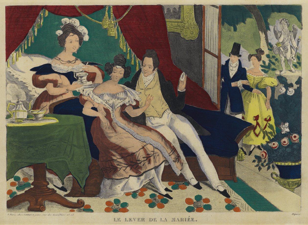 De bruid staat op in de ochtend (kleurenlitho) door French School