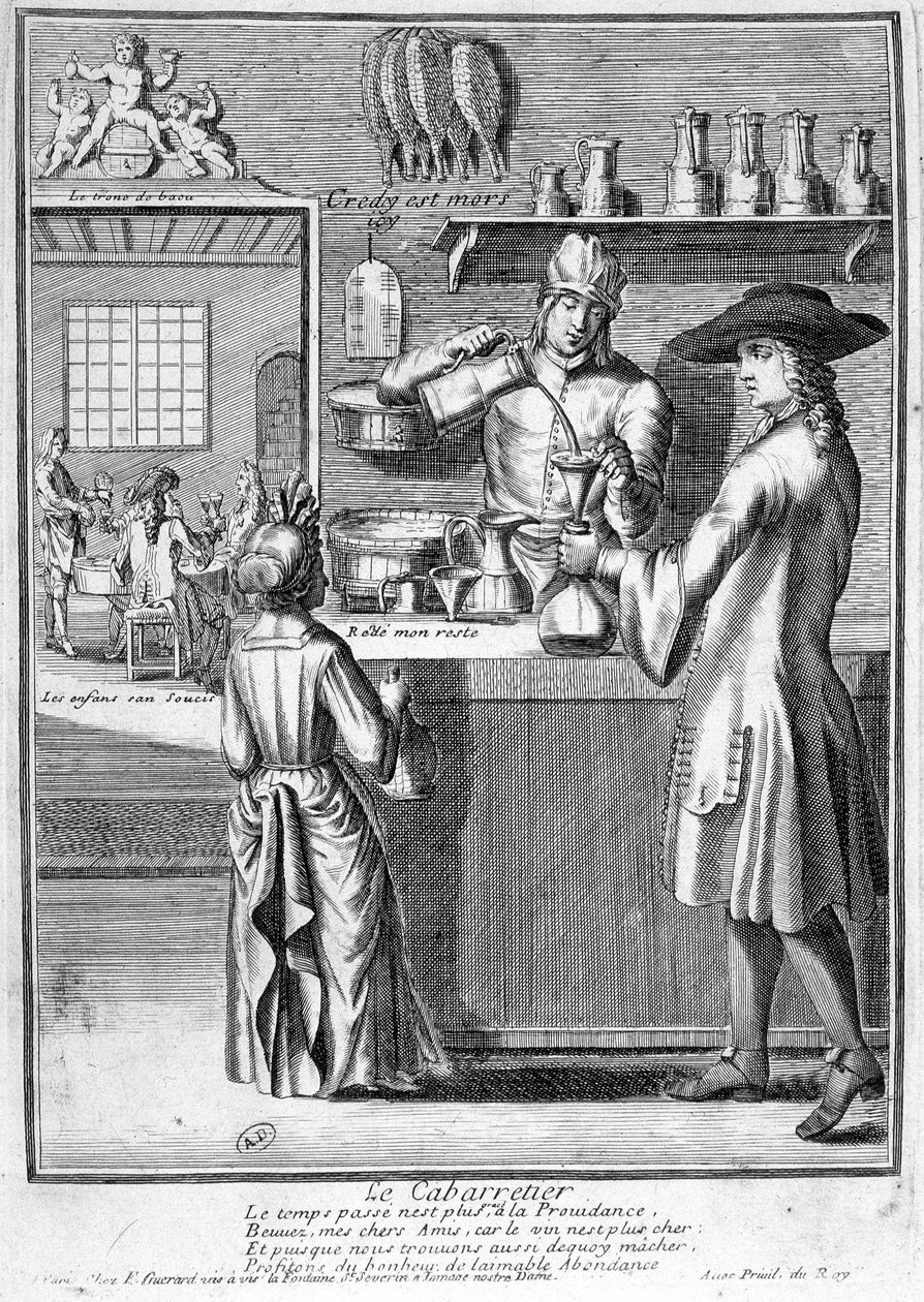 De kastelein bereidt de wijnkaraf - gravure door French School