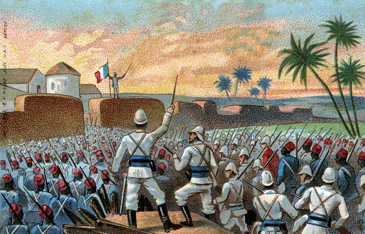 De verovering van Abomey, voormalige hoofdstad van Behanzin (het huidige Benin) door de Franse expeditieleger onder leiding van Generaal Alfred Amedee Dodds (17 november). door French School