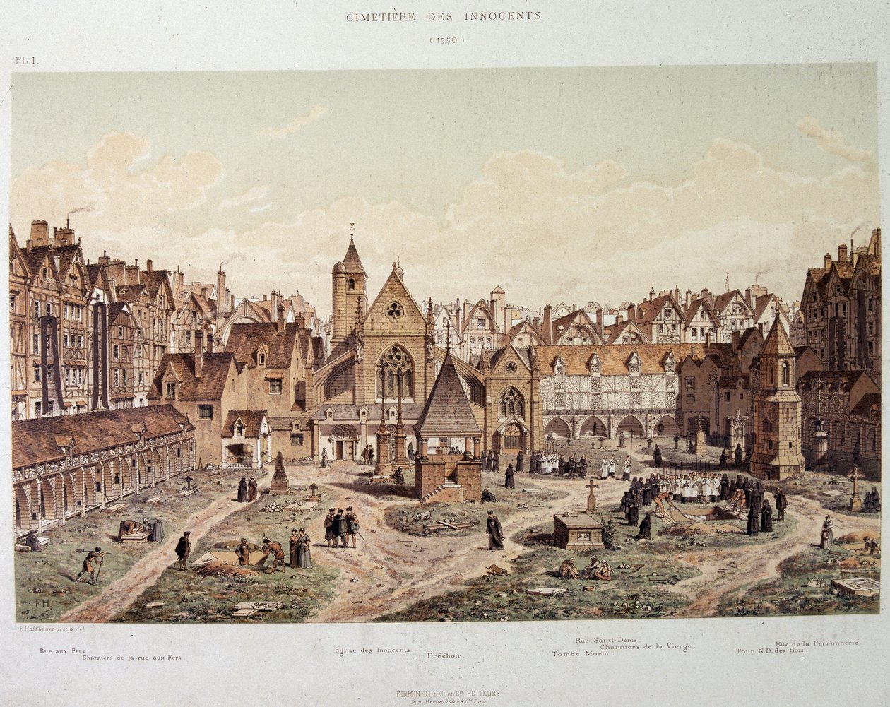 De kerk en het kerkhof van de Onschuldigen in 1550 - in 