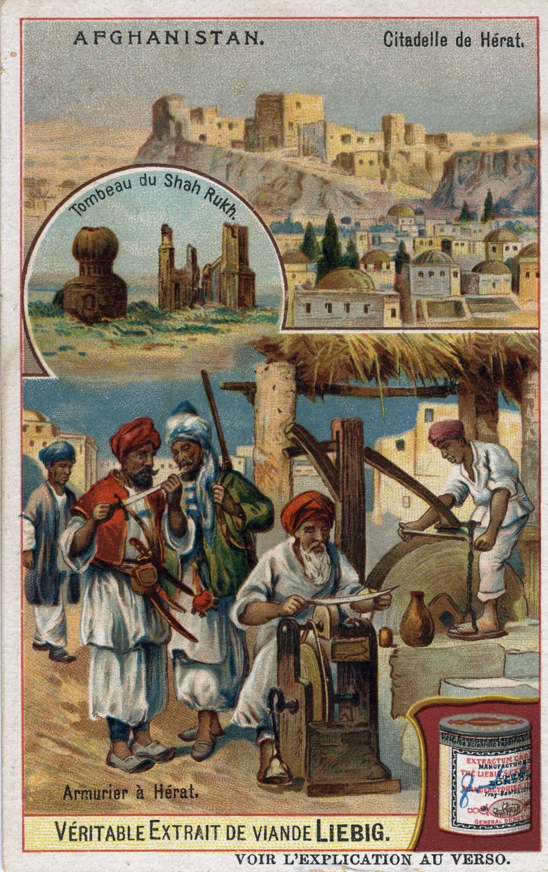 De stad en wapensmeden van de stad Herat in Afghanistan en het graf van de Shah Rukh. Chromolithografie van de 19e eeuw door French School