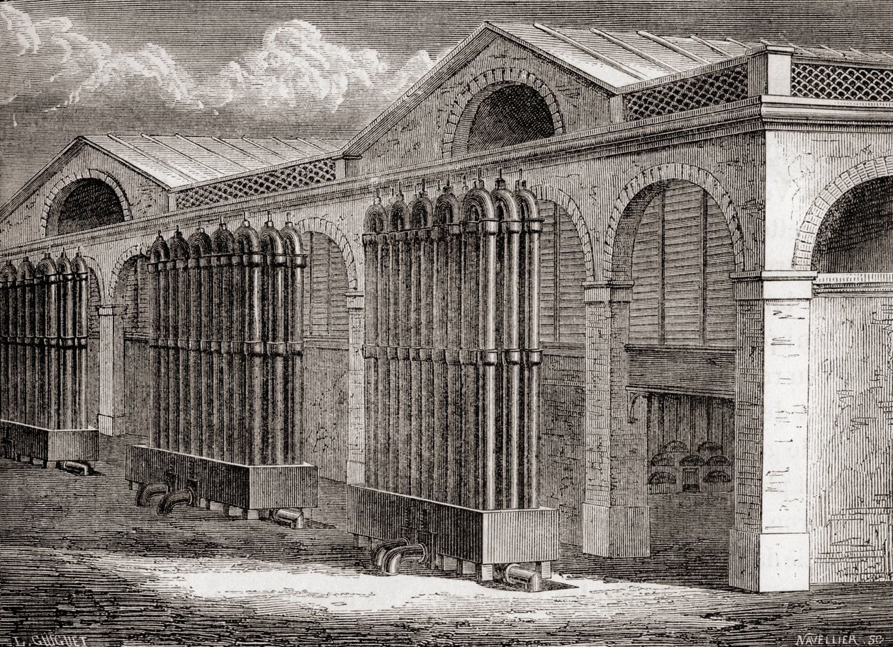 De steenkoolgascondensatorfabriek in La Villette, Parijs, Frankrijk in de 19e eeuw, uit 