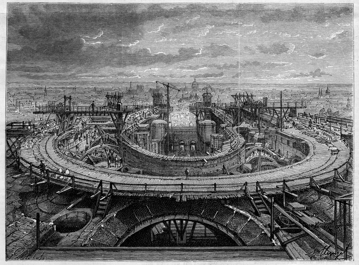 De bouwplaats van de Kerk van het Heilig Hart van Montmartre in 1886, in 