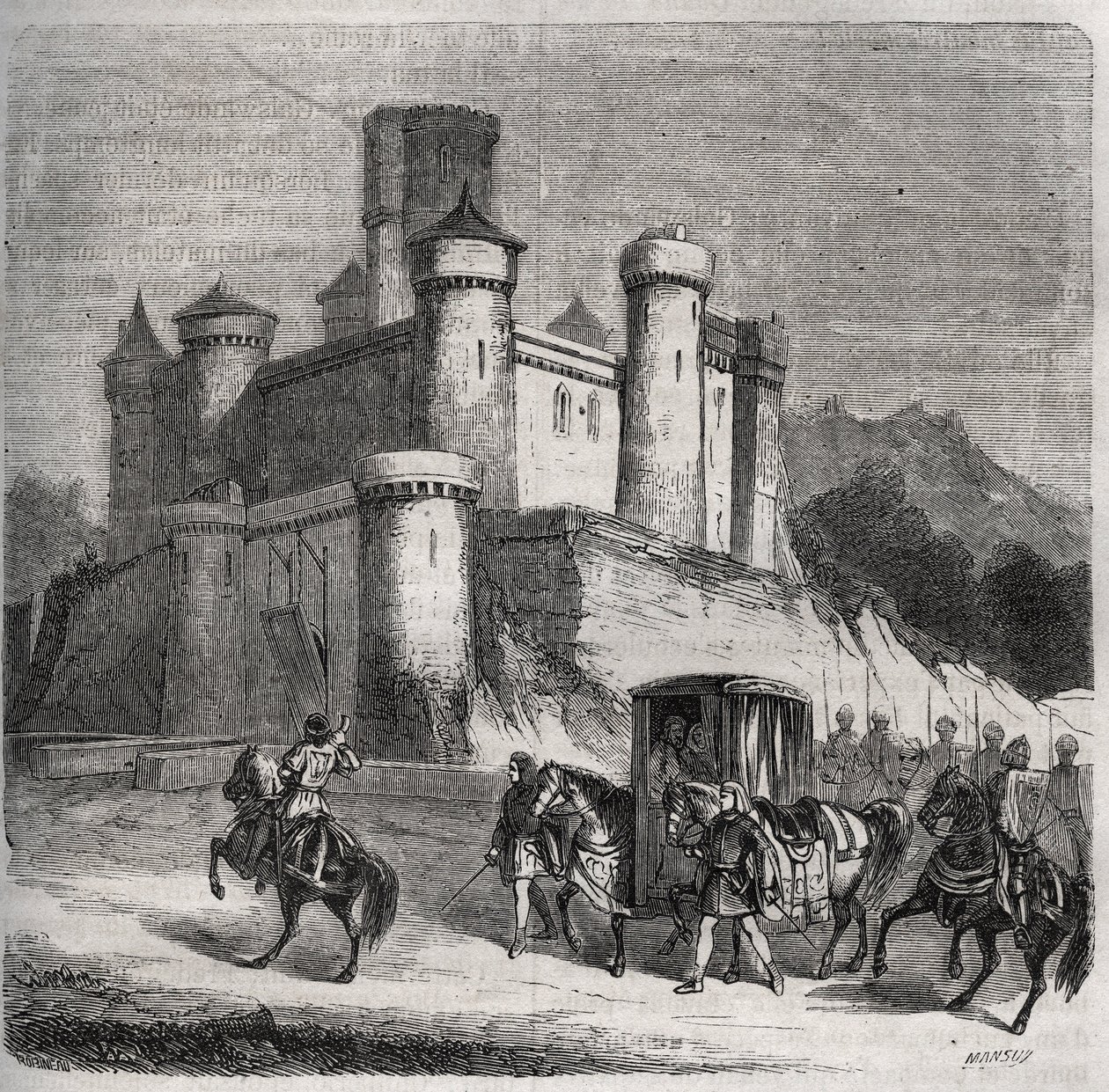 De stoet van Rigonde (ca. 569-na 589) verlaat Parijs om naar haar verloofde, prins Recarede, te gaan. Gravure uit 1871 in 
