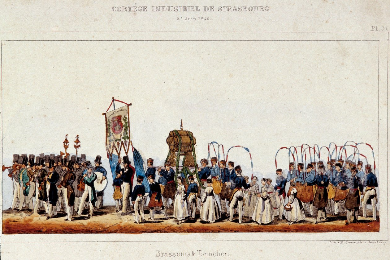 De dans van brouwers en kuipers tijdens de industriële optocht in Straatsburg op 25/06/1840. Lithografie van Simon door French School