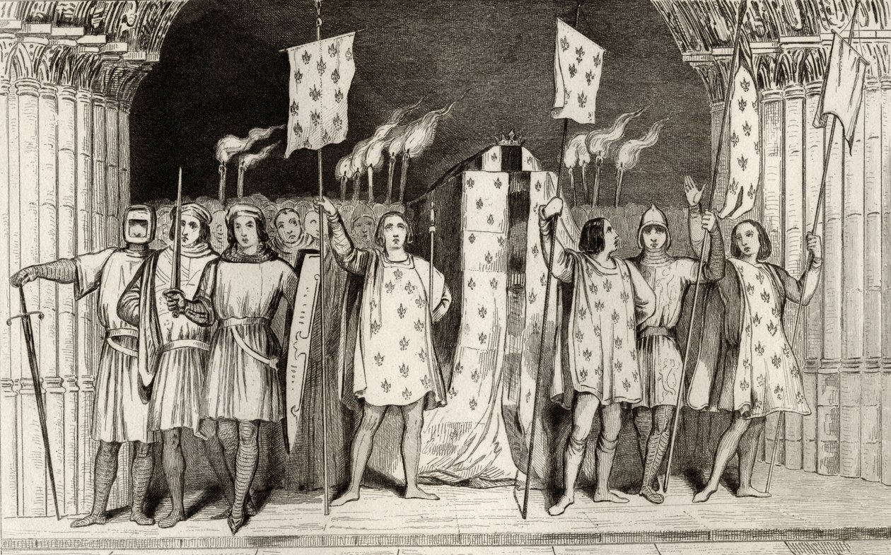 De dode zuigeling Jan I (1316) de Postume uitgeroepen tot koning bij zijn begrafenis, uit 
