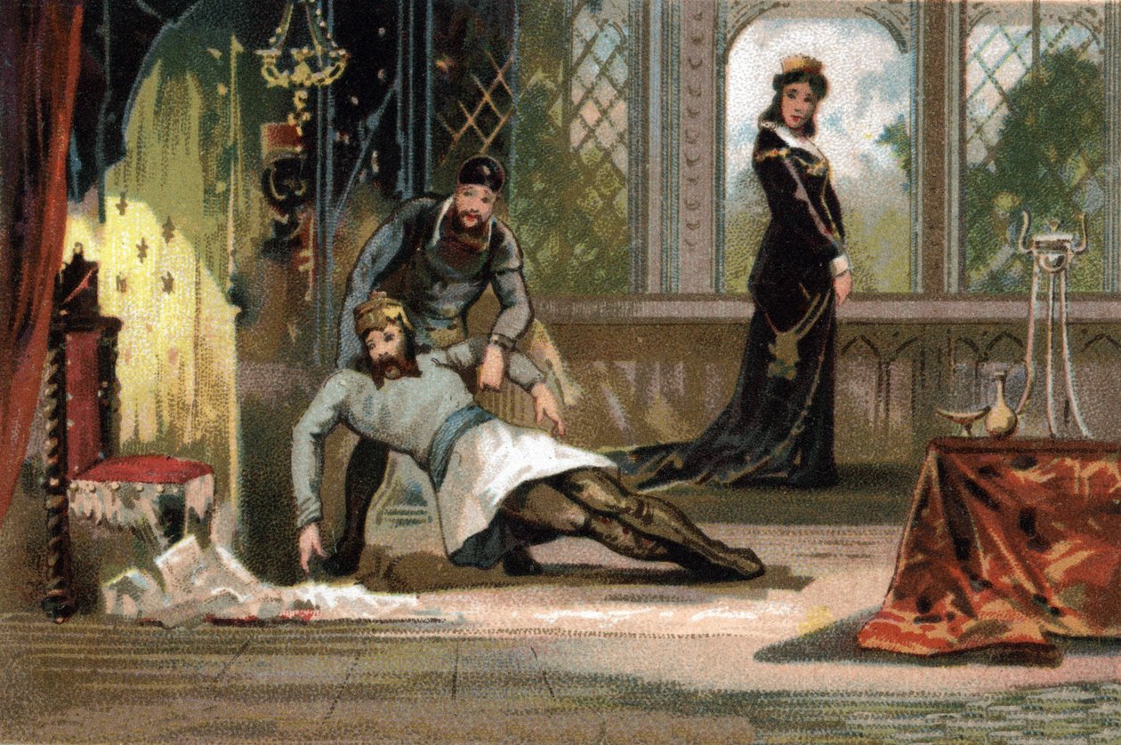 De dood van Lodewijk V genaamd de Faineant (ca. 967-987), koning van Frankrijk van 986 tot 987. Volgens de afbeelding werd hij vergiftigd door zijn vrouw Adelaide d