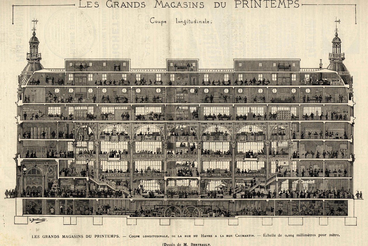 De warenhuizen van Printemps in 1889, lengtedoorsnede, van Rue du Havre tot Rue Caumartin, tekening door Berteault, Bianchetti collectie door French School