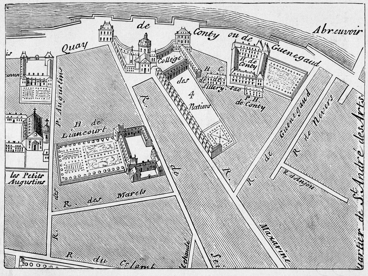 De wijk van het College des Quatre Nations (Vier Naties) en het hotel Conti-Fac-Simile in het plan van J. de la Caille door French School