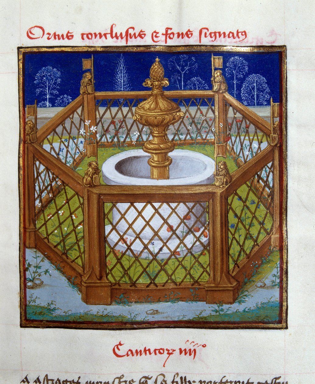 De omsloten tuin en fontein Miniatuur van Meester van Dreux-Bude uit 
