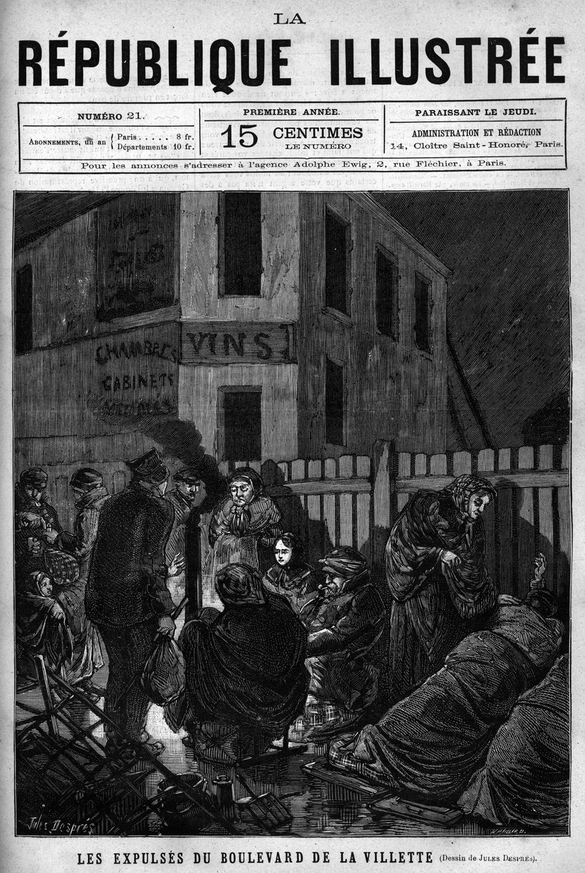 De uitzettingen van Boulevard de la Villette: arbeiders die uit een Parijse stad zijn verdreven moeten op straat slapen (S.D.F.). Een krant. Gravure uit 1880 in 