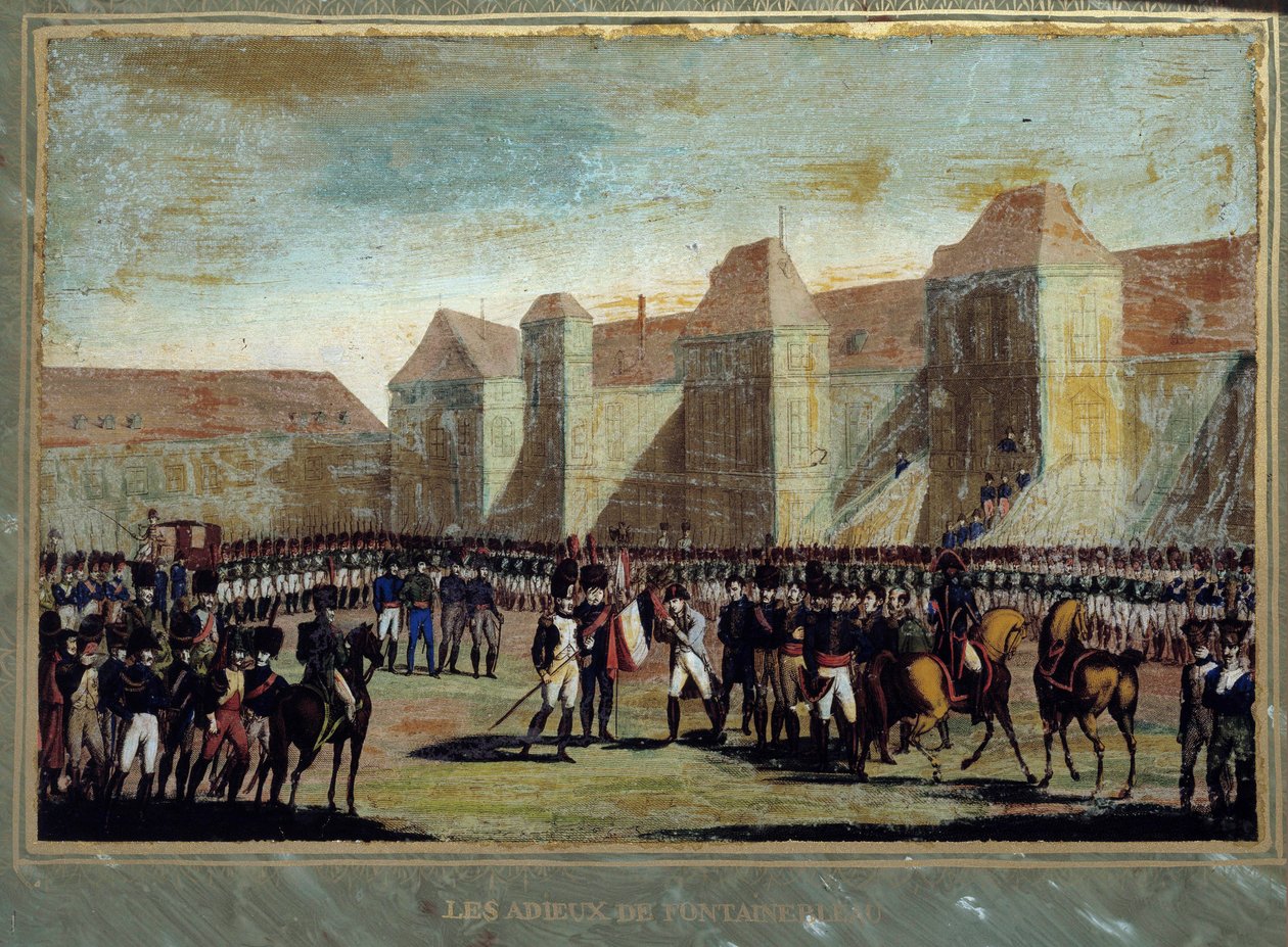 Het afscheid van Napoleon Bonaparte van de keizerlijke garde in de binnenplaats van Cheval Blanc in Fontainebleau op 20/04/1814 door French School