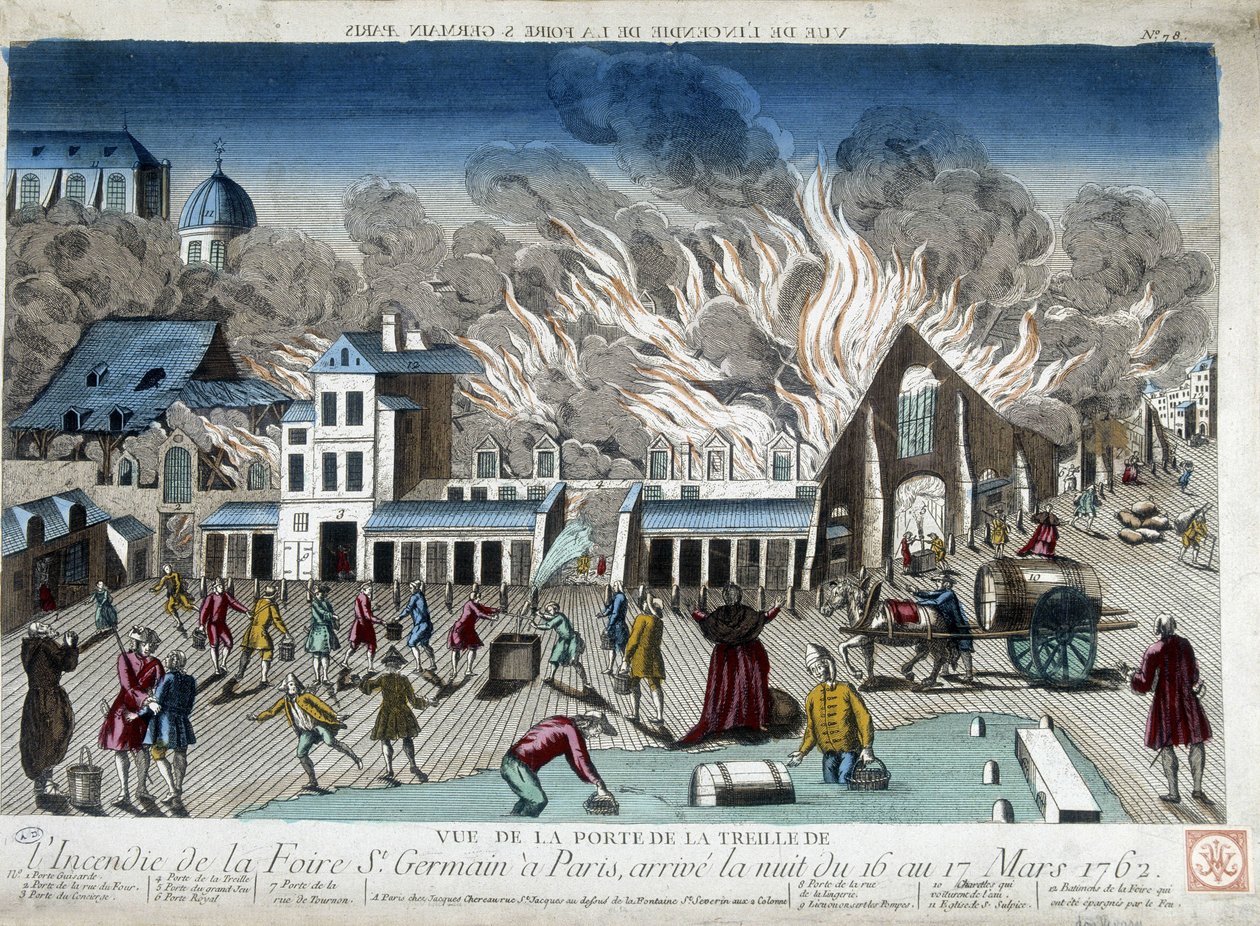 De brand van de St Germain Fair in Parijs, de nacht van 16 op 17 maart 1762 door French School