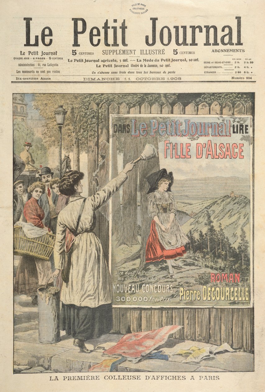 De eerste vrouwelijke plakker in Parijs, uit Le Petit Journal, 11 oktober 1906 door French School