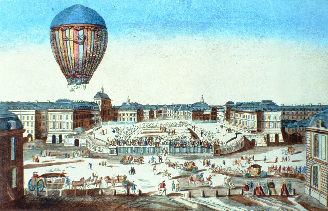 De eerste vlucht van Pilatre du Roziers heteluchtballon, genoemd naar zijn sponsor, M. Montgolfier, in Versailles op 23 juni 1784 door French School