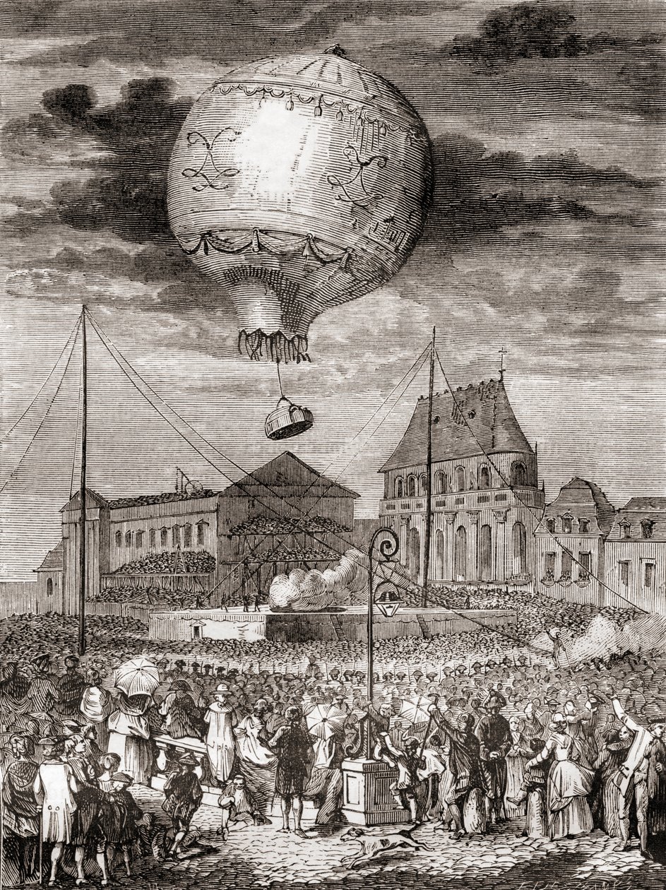 De vlucht van de Aérostat Réveillon op 19 september 1783 door de gebroeders Montgolfier in Versailles, Frankrijk, voor koning Lodewijk XVI van Frankrijk en koningin Marie Antoinette, uit Les Merveilles de la Science, gepubliceerd ca.1870 (gravure) door French School