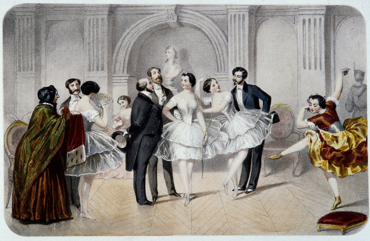 De foyer van de Opera (Opera Garnier in Parijs). Een tutu-danseres die praat met heren die hen kwamen begroeten of een paar danspassen maken. Gravure door French School