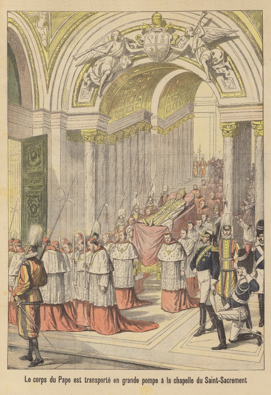 De begrafenis van paus Leo XIII (kleurenlitho) door French School