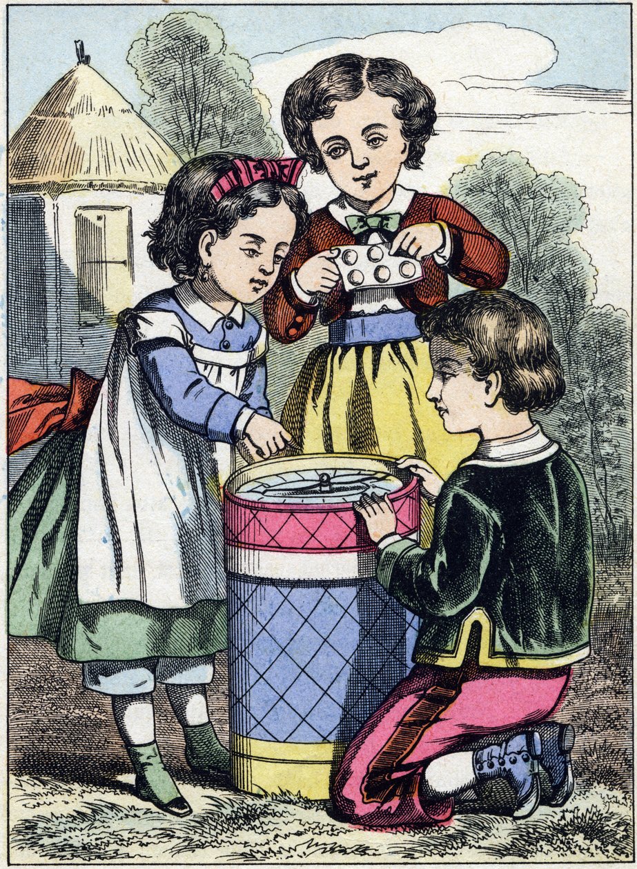 Het spel van macarons. Gravure uit het prentenboek "De spellen van de kindertijd". Beeld van Epinal, eind 19e eeuw door French School