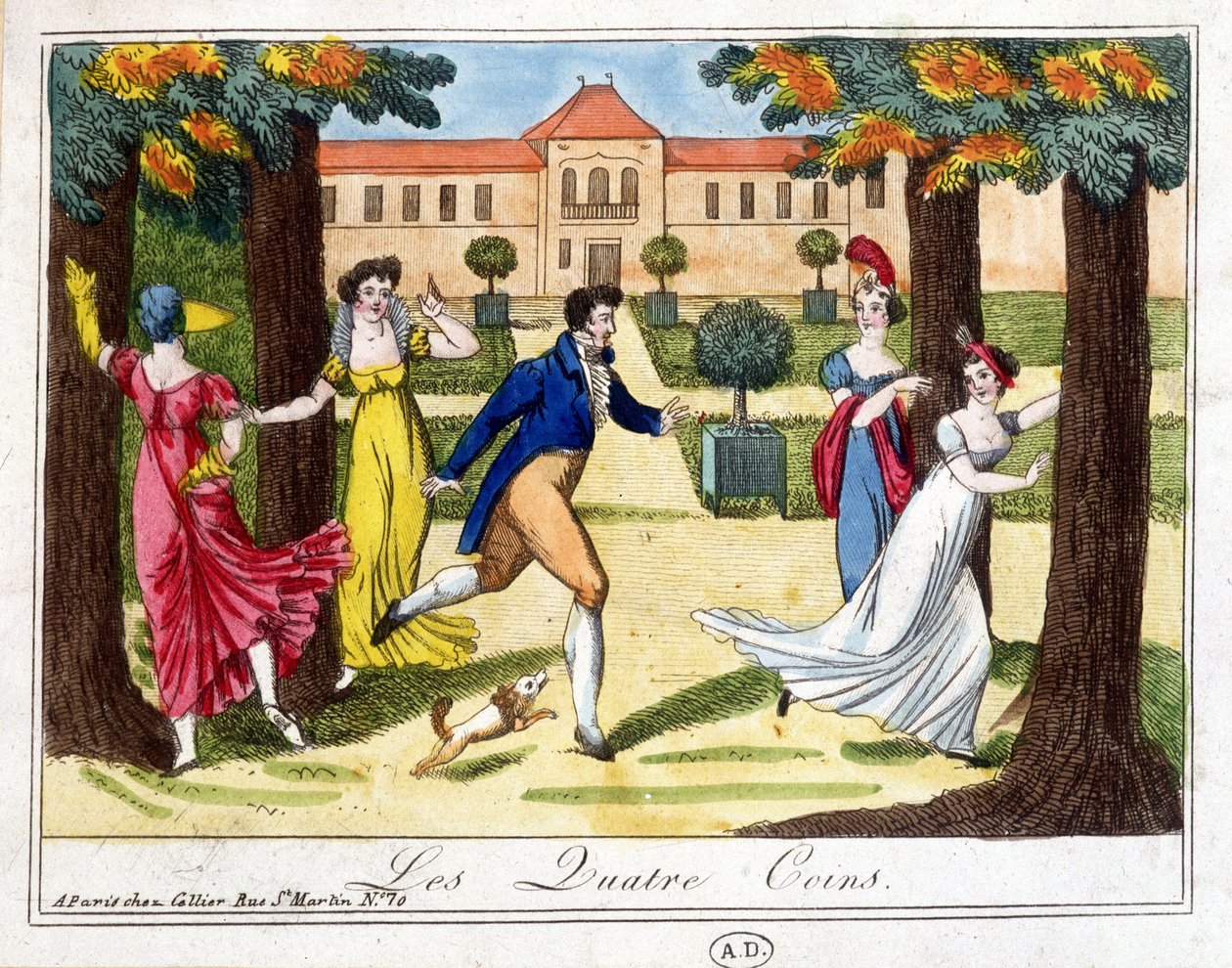 Het spel van de vier hoeken. Gravure begin 19e eeuw door French School