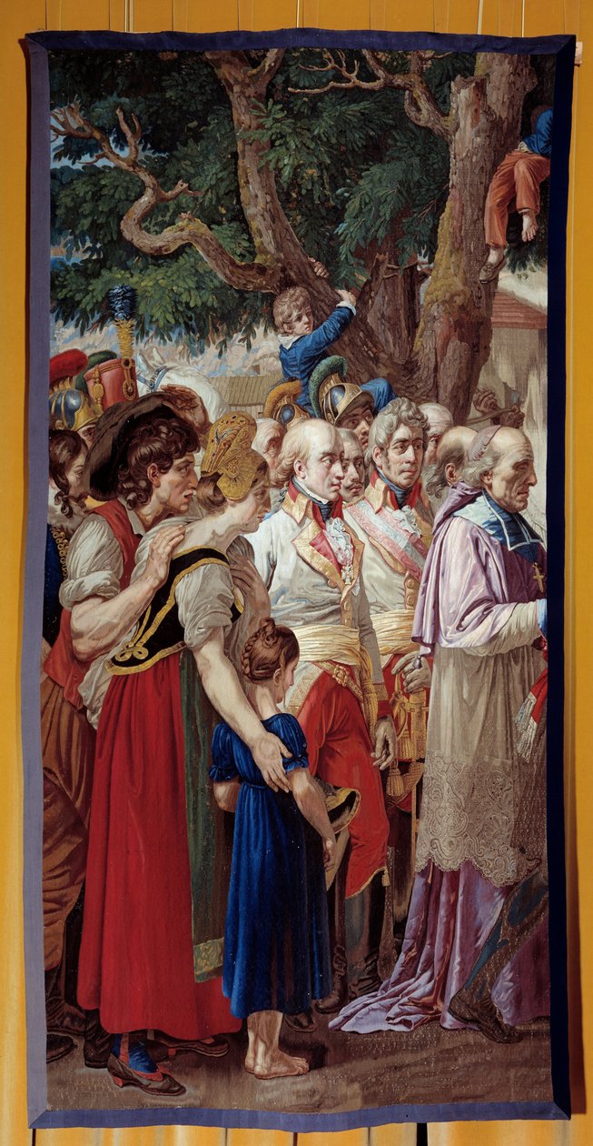 De overhandiging van de sleutels van Wenen aan Napoleon I (1769-1821). De keizer keerde terug naar de Oostenrijkse hoofdstad, verlaten door Frans II van Habsburg op 14/11/1805. Wandtapijt gemaakt door de Gobelins werkplaats. 1815 door French School