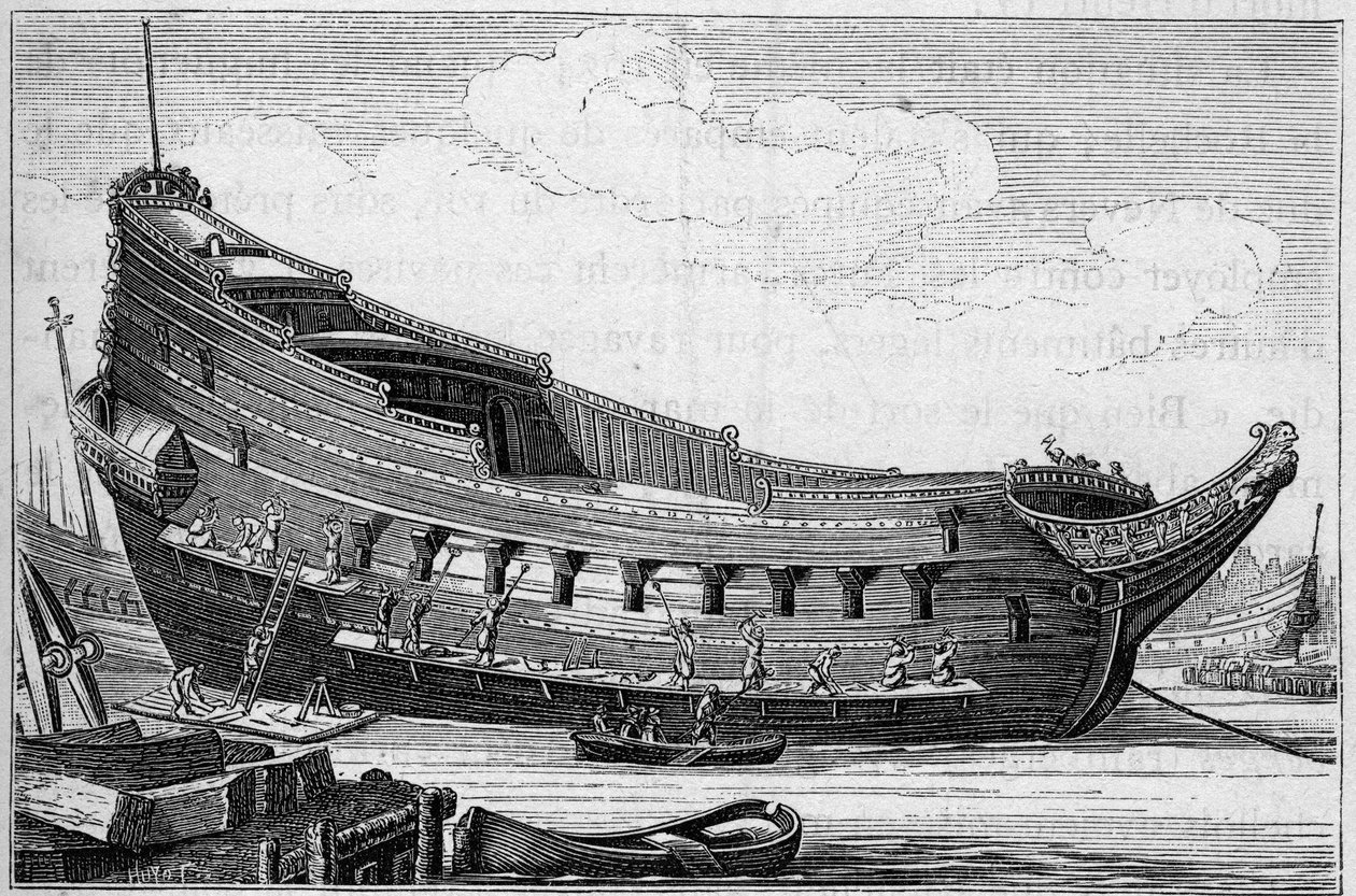 De romp van een groot schip in de 17e eeuw. Gravure in 