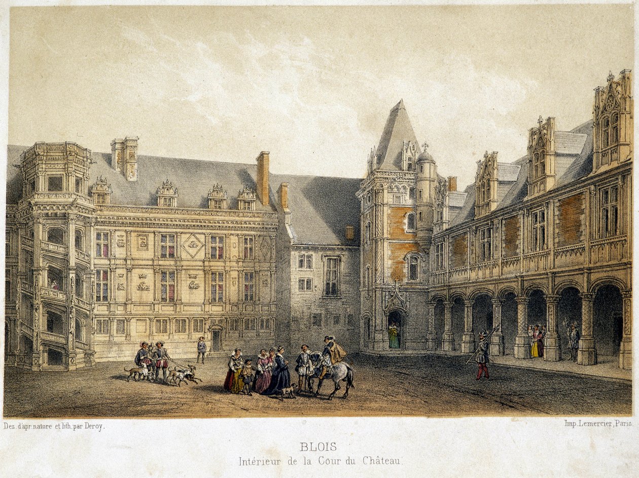 Het interieur van de binnenplaats van het kasteel van Blois in de periode van Francois 1e (16e eeuw) - lithografie door French School