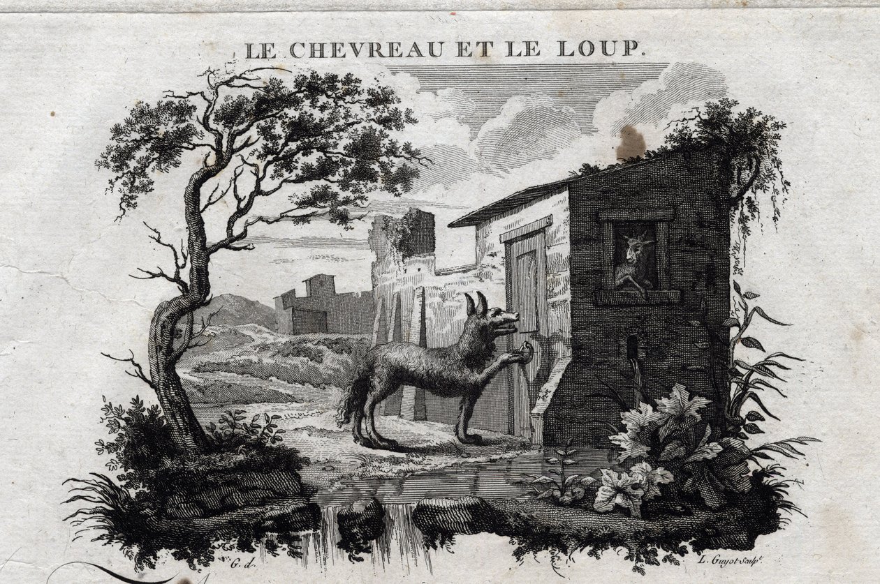 Het kind en de wolf. Fabel van Esope. Geschreven door Guillaume Montfort en gegraveerd door Beauble in 1801. door French School